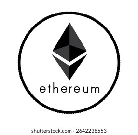 Moeda criptomoeda com um símbolo de Ethereum na face. A moeda é apresentada a preto e branco. Ilustração vetorial.