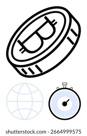 Cryptocurrency coin globe network symbol and stopwatch. Ideal for finance, technology, investment, globalization, digital transformation, time management, efficiency. Line metaphor