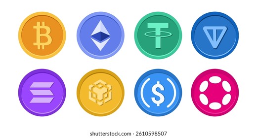 Cryptocurrency coin icon set featuring popular digital currencies including Bitcoin, Ethereum, Tether, Toncoin, Solana, BNB, USD Coin, and Polkadot in flat modern style — ideal for fintech apps.
