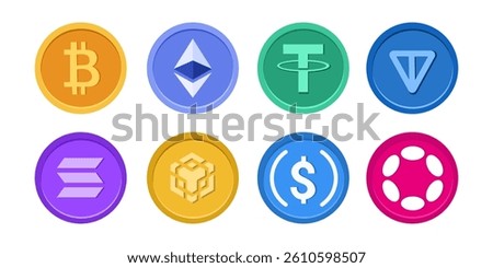 Cryptocurrency coin icon set featuring popular digital currencies including Bitcoin, Ethereum, Tether, Toncoin, Solana, BNB, USD Coin, and Polkadot in flat modern style — ideal for fintech apps.