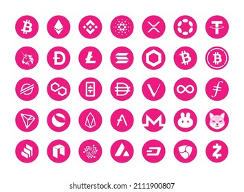 Cryptocurrency Coin Icons vector illustration in Hot Pink colour. Crypto Logo custom graphics. Bitcoin, ethereum, polkadot, luna, solana, chainlink, shiba inu, avax, dogecoin, aave, theta, icp, neo.