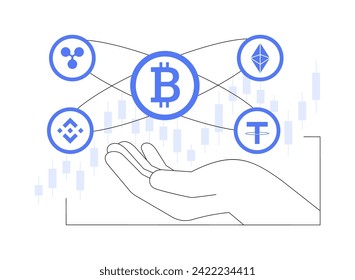 Kryptowährungsmünzen, einzelne Cartoon-Vektorgrafiken. Geldinvestition mit Kryptowährungsmünzen, Kreditkarte, Blockchain-Technologie, Finanzkompetenz, Digital-Geld-Vektorgrafik.