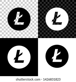 Cryptocurrency coin Litecoin LTC icon on black, white and transparent background. Physical bit coin. Digital currency. Altcoin symbol. Blockchain based secure crypto currency. Vector Illustration