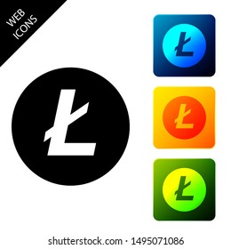 Cryptocurrency coin Litecoin LTC icon isolated. Physical bit coin. Digital currency. Altcoin symbol. Blockchain based secure crypto currency. Set icons colorful square buttons. Vector Illustration