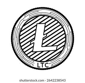 Moeda criptomoeda com um símbolo Litecoin no rosto. A moeda é apresentada a preto e branco. Ilustração vetorial.