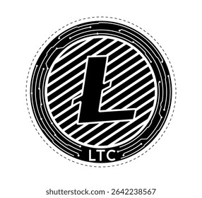Cryptocurrency coin with a Litecoin symbol on the face. The coin is depicted in black and white. Vector illustration.