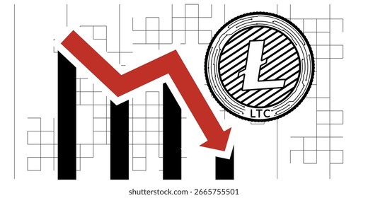 Moeda criptomoeda com um símbolo Litecoin no rosto. Gráfico de outono Litecoin. Ilustração vetorial.