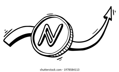 Cryptocurrency coin Namecoin with arrow growth graph in doodle style isolated
