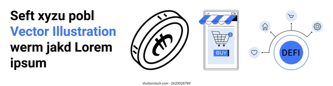 Cryptocurrency coin, online shopping cart on mobile device, and decentralized finance DEFI network. Ideal for fintech, e-commerce, blockchain technology, digital currency, investment, online