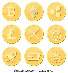 Cryptocurrency coin set: bitcoin, litecoin, ripple coin, ethereum, rpx, eos, stellar, dash, cardaro coins
Golden vector coins with cryptocurrency symbol