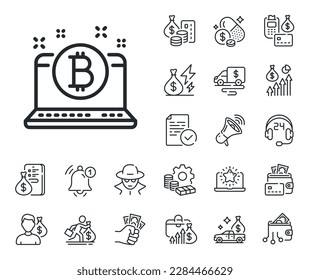 Signo de moneda de criptodivisa. Iconos en el esquema de dinero en efectivo, préstamos e hipotecas. Icono de línea de bitcoin. Símbolo criptográfico de la laptop. Signo de línea de bitcoin. Tarjeta de crédito, icono de cartera cripto. Inflación, salario laboral. Vector