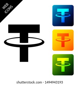 Cryptocurrency coin Tether USDT icon isolated. Physical bit coin. Digital currency. Altcoin symbol. Blockchain based secure crypto currency. Set icons colorful square buttons. Vector Illustration