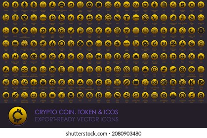 Cryptocurrency coin, token and icos icon set with one-color symbols, export-ready with cleanly organised and named layers