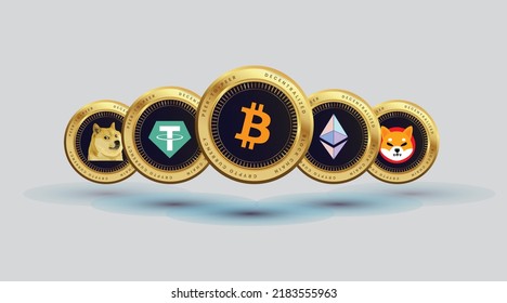 Zeichensatz mit Kryptowährung. Digital Currency Set mit Blockchain Technologie. Das Crypto Logo auf dem Goldmünzkonzept Bitcoin, Ethereum, Tether, Dogecoin, Shiba inu, BTC, ETH, USDT, DOGE, SHIB Logo.