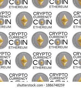 Cryptocurrency. Coin. Vector background. Crypto currency coin and inscription on white background. Design for business project, business information, textile. Seamless pattern. Vector illustration.