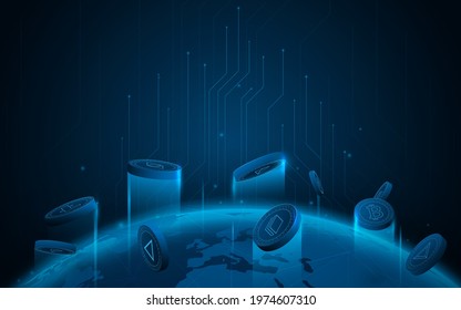 Cryptocurrency coins 3D flying on Global world communication technology for finance, blockchain. Vector illustration