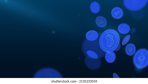 Cryptocurrency coins 3D flying on blue background. Bitcoin. finance. blockchain. Vector illustration