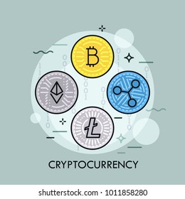 Cryptocurrency coins - Bitcoin, Ethereum, Ripple, Litecoin. Concept of crypto currencies, digital money or assets, altcoins. Colorful vector illustration in thin line style for web banner, website.