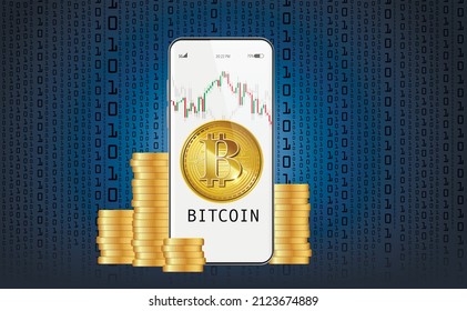 Cryptocurrency coins bitcoin en la aplicación de visualización de smartphones con texto e indicadores de crecimiento y caída en el fondo de código binario. Ilustración del vector