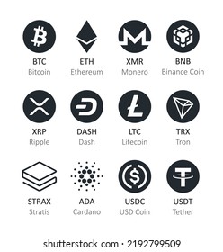 Cryptocurrency coins with caption in black and white, Vector icon set with main blockchain currencies.