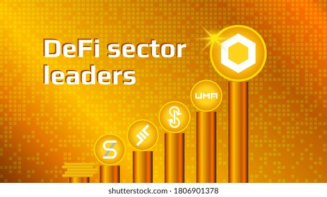 Cryptocurrency coins of DeFi sector on gold pedestals. DeFi altcoins ranked by volume. Vector EPS10.