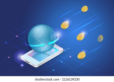 Monedas de criptomoneda cayendo en globo 3D en un smartphone. Inversión digital Bitcoin, tecnología de financiación descentralizada descentralizada en el concepto de aplicación de operaciones bursátiles criptográficas.