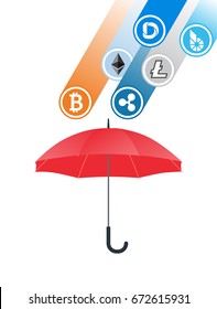 Cryptocurrency coins falling to umbrella