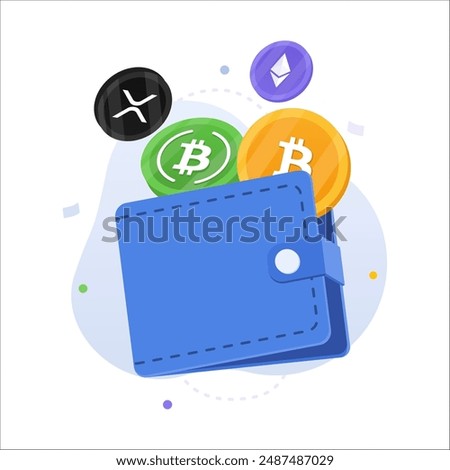 Cryptocurrency coins floating above the crypto wallet vector illustration concept. Digital wallet with Bitcoin (BTC), Ethereum (ETH), Solana, XRP and bitcoin cash coins. 