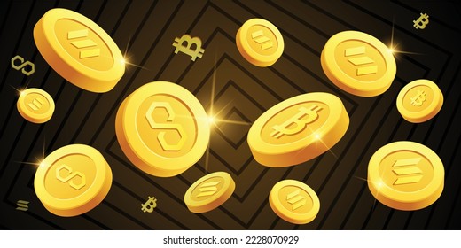 Cryptocurrency coins floating banner.Bitcoin, Solana and Polygon Crypto vector eps 10