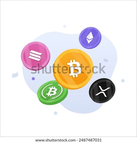 Cryptocurrency coins floating on vector illustration. Cryptocurrency coins floating around Bitcoin (BTC), Ethereum (ETH), Solana, XRP and bitcoin cash. Crypto Coin symbol icons.