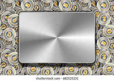 A lot of cryptocurrency coins with glossy polished metal plate
