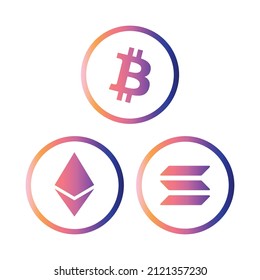 Cryptocurrency coins icons set. Bitcoin, Ethereum, Solana coins icons. Flat Vector illustration - Vector