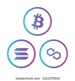 Cryptocurrency coins icons set. Bitcoin, Solana, Polygon coins icons set. Flat Vector illustration - Vector