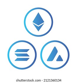 Cryptocurrency coins icons set. Ethereum, Solana, Avalanche coins icons set. Flat Vector illustration - Vector