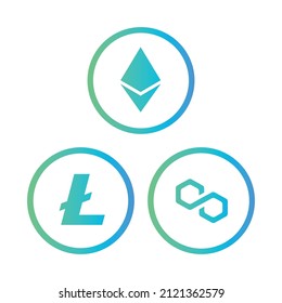 Cryptocurrency coins icons set. Ethereum, Litecoin, Polygon coins icons set. Flat Vector illustration - Vector