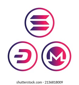 Cryptocurrency coins icons set. Solana, Dash, Monero coins icons set. Flat Vector illustration - Vector
