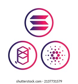 Cryptocurrency coins icons set. Solana, Fantom, Cardano coins icons set. Flat Vector illustration - Vector