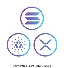 Cryptocurrency coins icons set. Solana, Cardano, XRP coins icons set. Flat Vector illustration - Vector