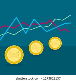 cryptocurrency coins with line graph on blue background; digital currency market, profit investment, electronic money concept.