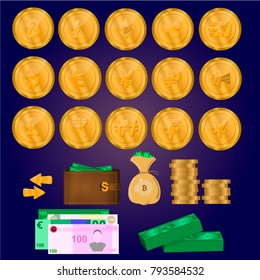 Cryptocurrency coins, money, business set.