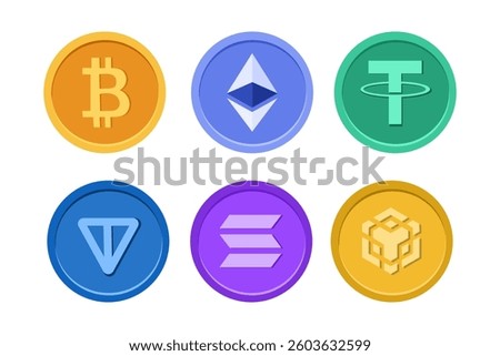 Cryptocurrency coins set with Bitcoin, Ethereum, Tether, Toncoin, Solana, bnb coin on white isolated background. Vector cryptocoins illustration in fintech revolution concept. For social media banners