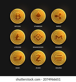 Cryptocurrency Coins set, Blockchain technology concept, Isolated logo vector illustration. Bitcoin, Ethereum, Litecoin, Binamce coin, Dash, Monero, Ripple, Zcash, Solana