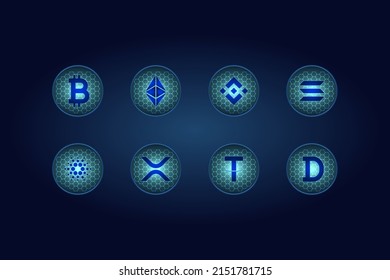 Cryptocurrency coins set on background. Vector Illustration. 