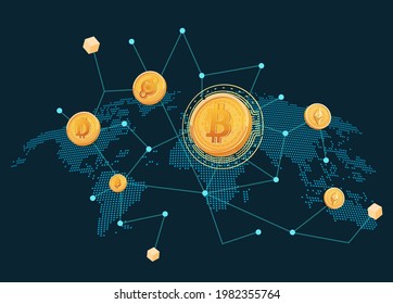 Cryptocurrency Coins World Map Connecting Connecting the Global Economy Vector