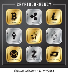 Cryptocurrency collection with a circle of gold and silver, titanium.