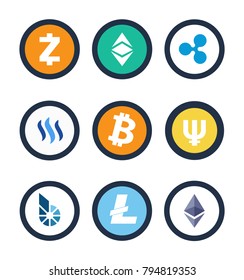 Cryptocurrency collection of different coins, popular digital assets created for secure work with money in internet, isolated on vector illustration