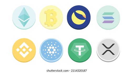 Colección de criptodivisa, Juego de monedas para logotipos criptomonetarios (Bitcoin, Ethereum, Tether, etc.)
