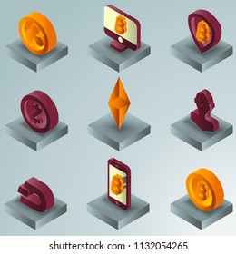 Cryptocurrency color gradient isometric icons