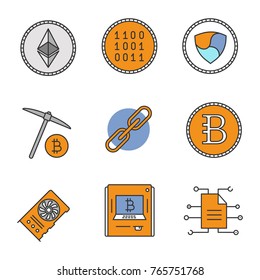 Cryptocurrency color icons set. Ethereum, digital coin, nem, mining, link, blockchain, bytecoin, graphic card, atm, digital document. Isolated vector illustrations