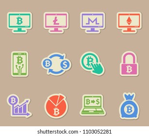 cryptocurrency color vector icons on paper stickers